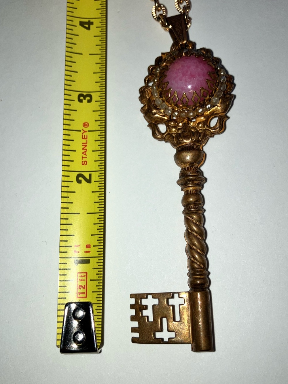 Vintage 4โ Giant KEY Victorian Revival Pendant Necklace Pink Cabochon Filigree